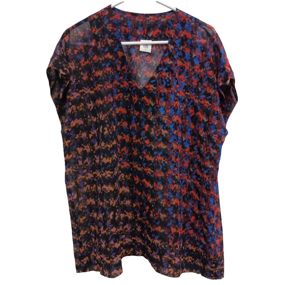 CAbi Womens The Bonus Print Blouse Top Large Red Blue Chiffon Short Sleeve #3428